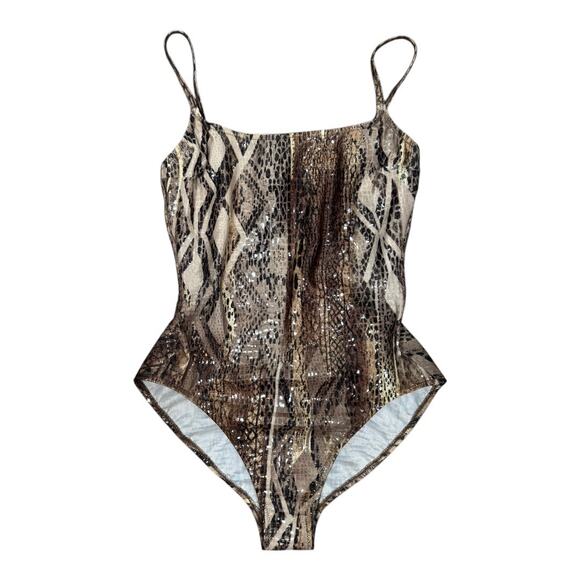 Vintage 90s Gottex Shiny Snakeskin Print One Piece Swimsuit 10 High Cut Low Back - Picture 1 of 8